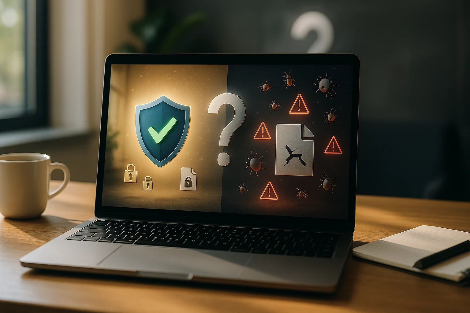 Egy laptop képernyőjén a kiberbiztonság és a fenyegetések szimbólumai láthatók.