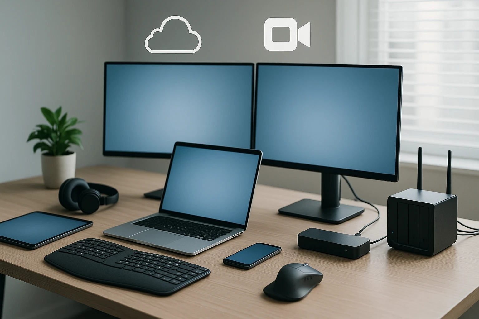 Modern számítógép munkaállomás, két monitorral, laptop, táblagép és okostelefon.