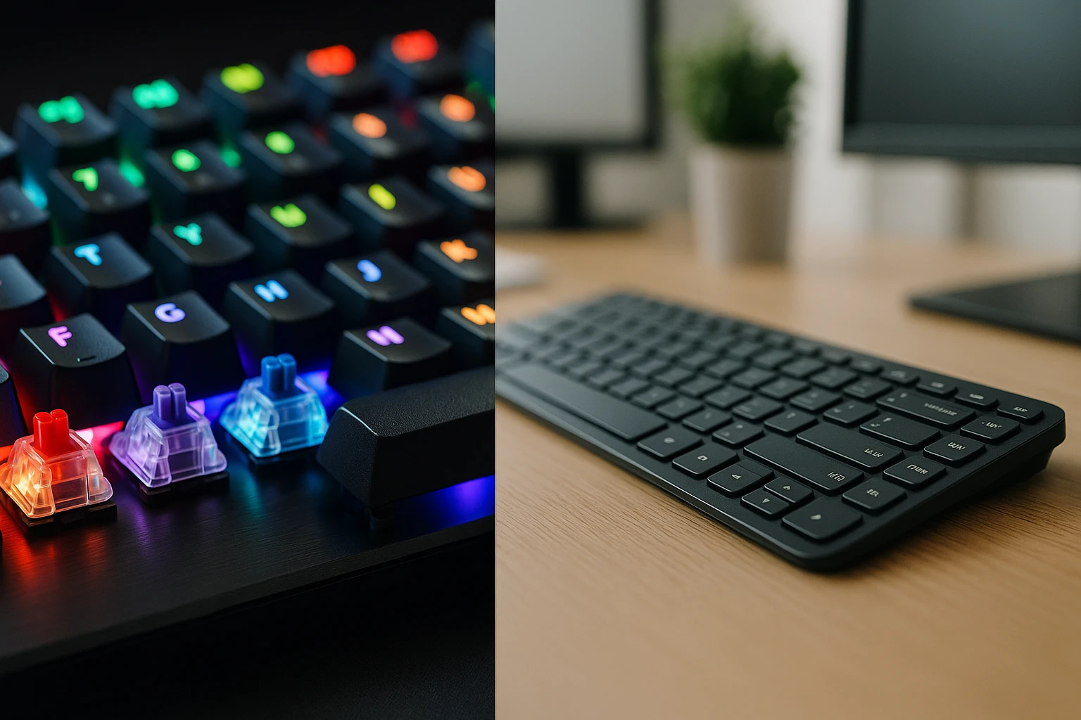 Két különböző billentyűzet: egy RGB háttérvilágítású mechanikus és egy minimalista vezeték nélküli.