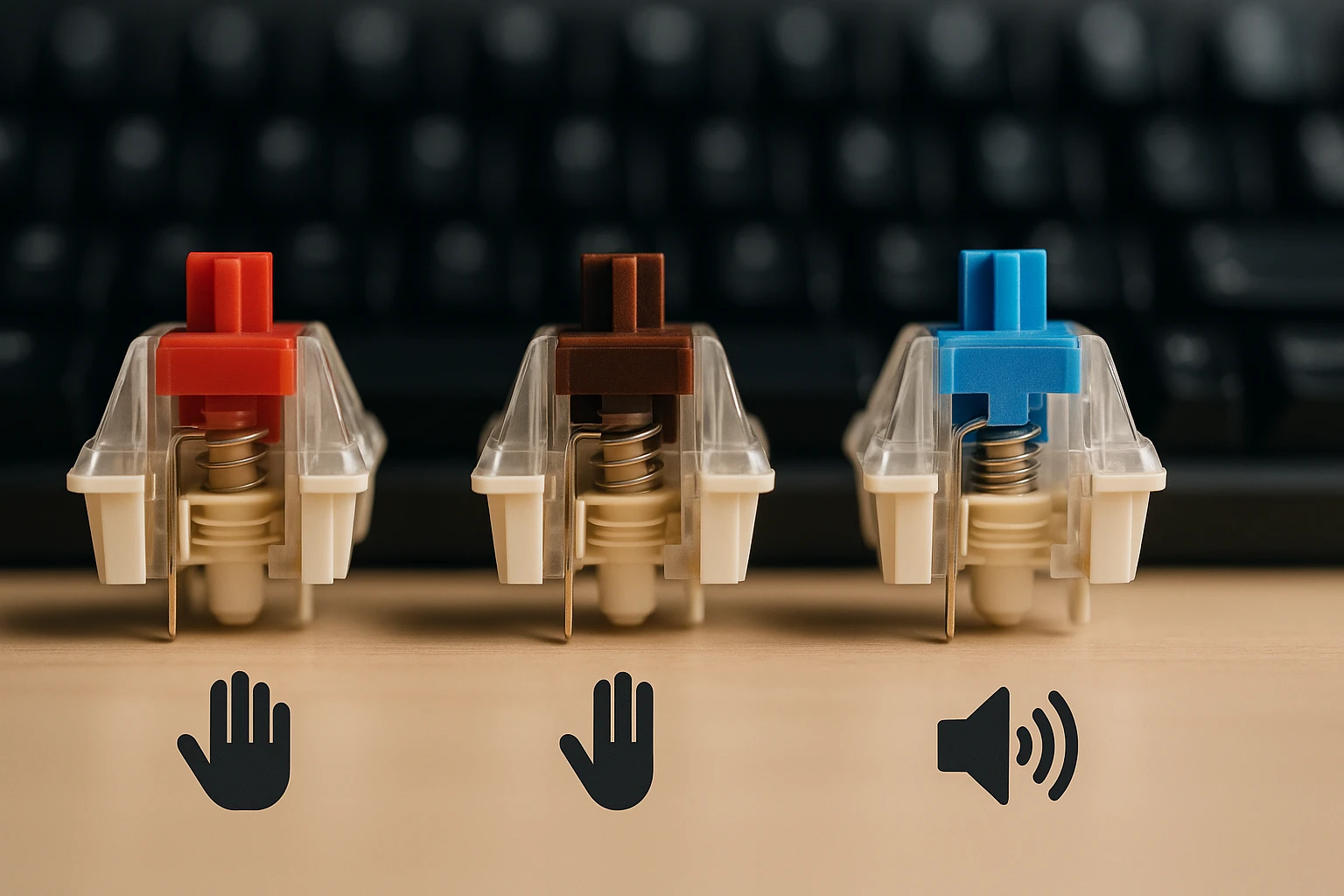 Három különböző mechanikus billentyűs switch, piros, barna és kék színben, háttérben egy billentyűzet.