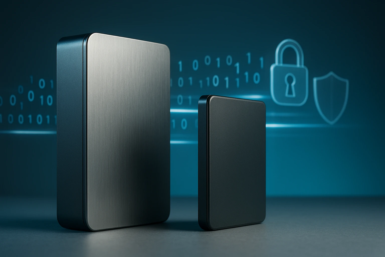 Két különböző méretű külső merevlemez, háttérben digitális biztonsági szimbólumokkal.