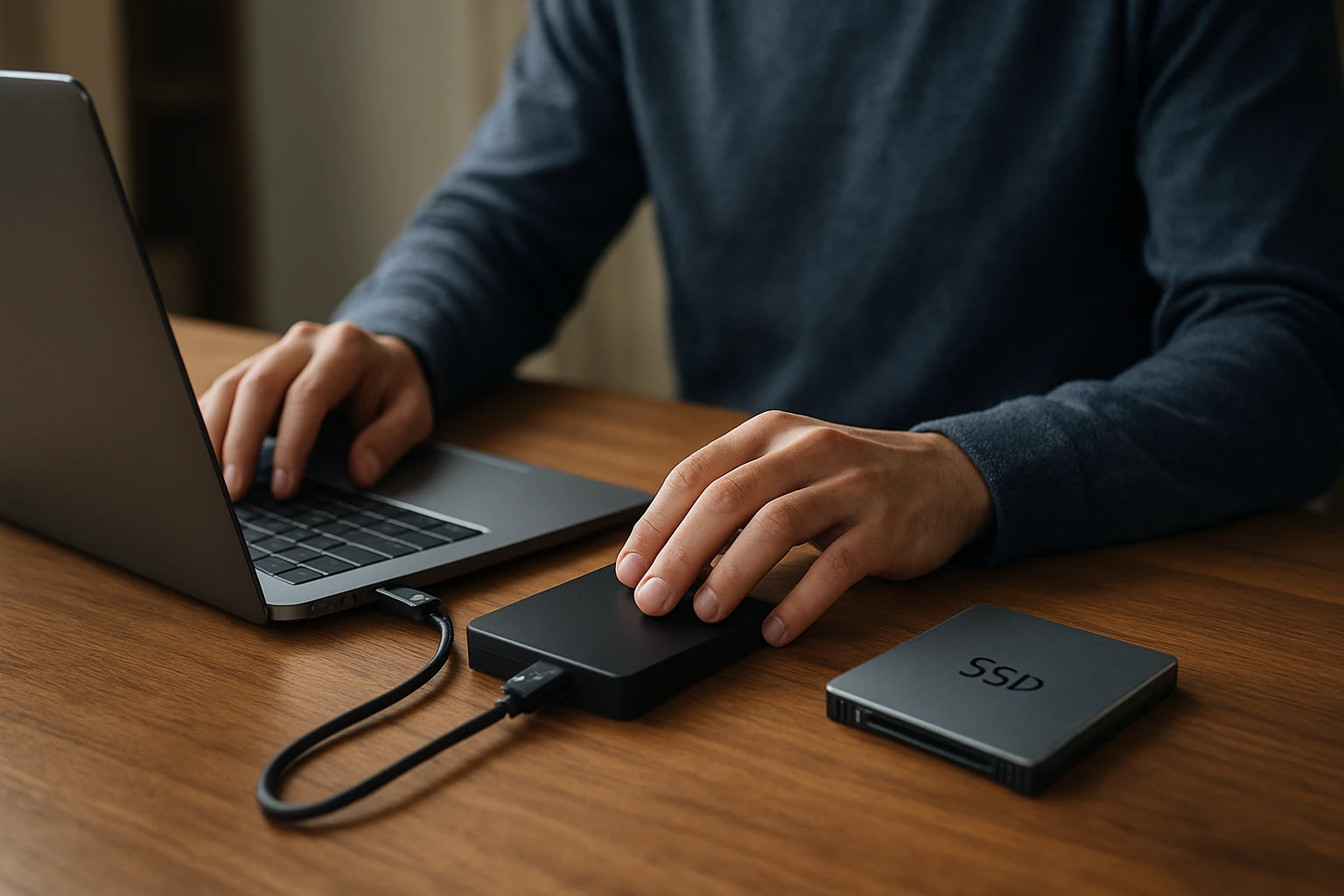 Egy felhasználó laptopot használ, miközben egy külső SSD-re csatlakozik.