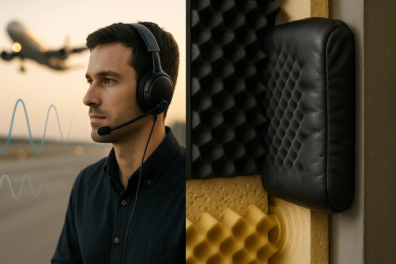 Egy férfi fejhallgatóval, háttérben egy felszálló repülőgép és akusztikai panelek.