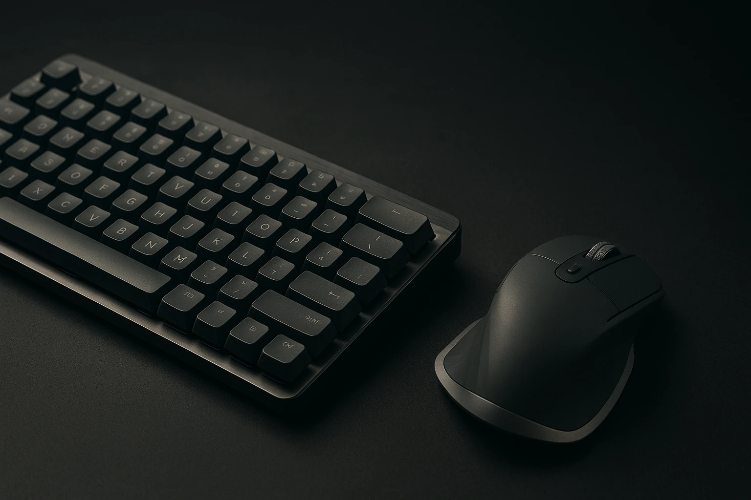 Egy modern, fekete billentyűzet és egér látható sötét háttéren.