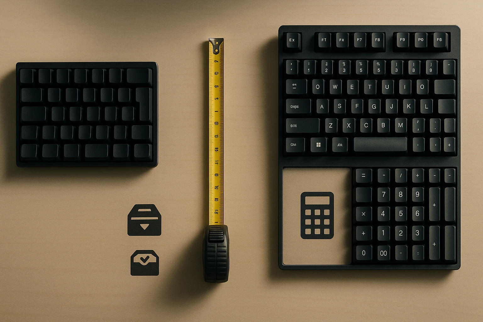 Két fekete billentyűzet, mérőszalag és ikonok egy barna háttéren.