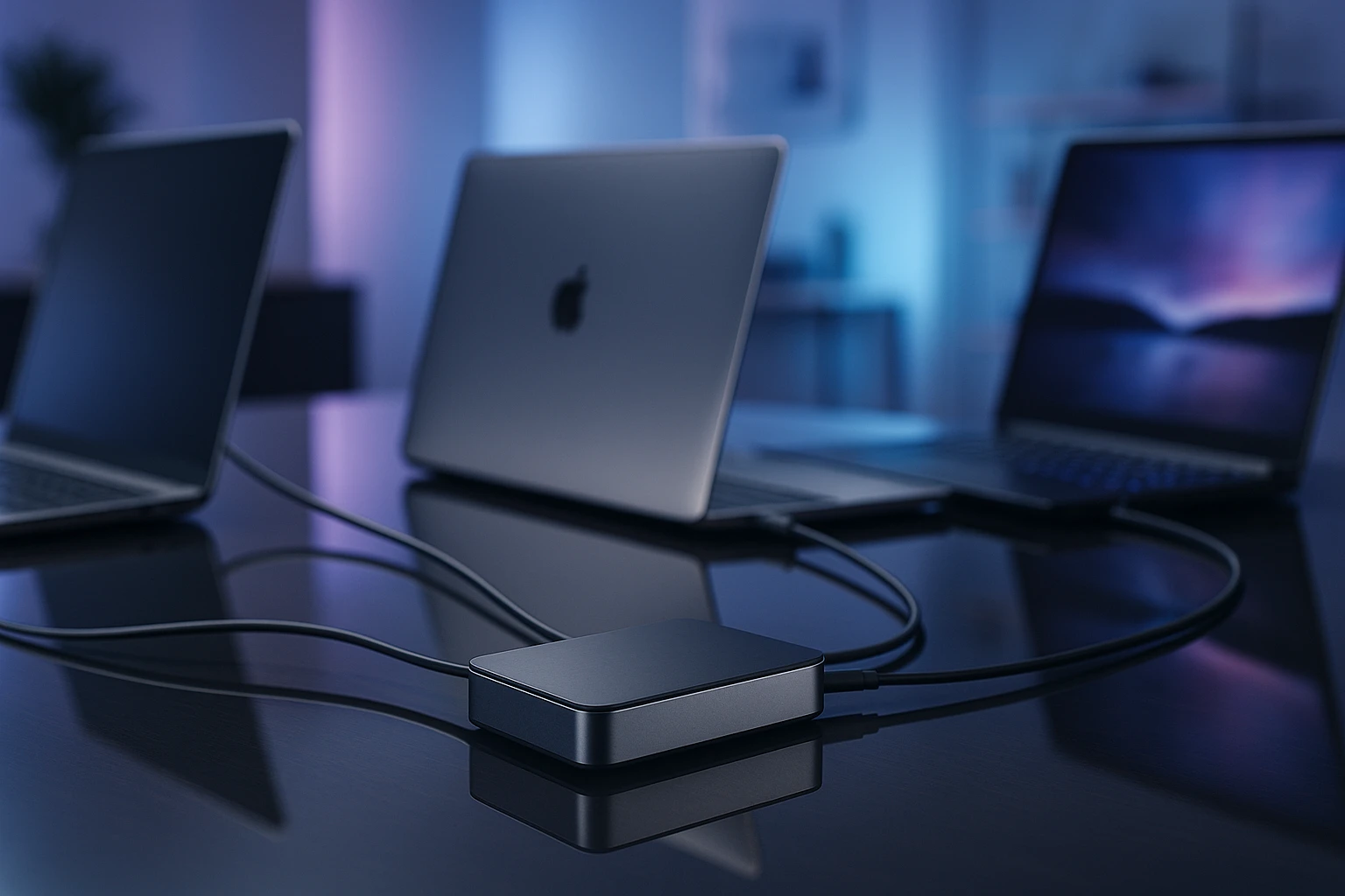 Két laptop és egy dokkoló állomás látható, modern technológiai környezetben.