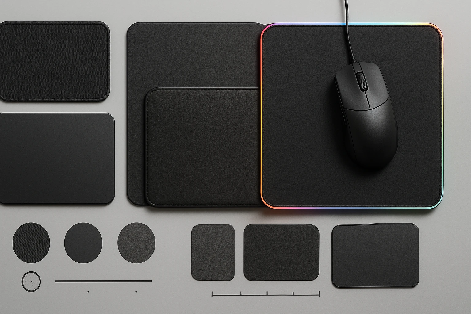 Fekete egér és különböző méretű, stílusú egérpadok egy asztalon.