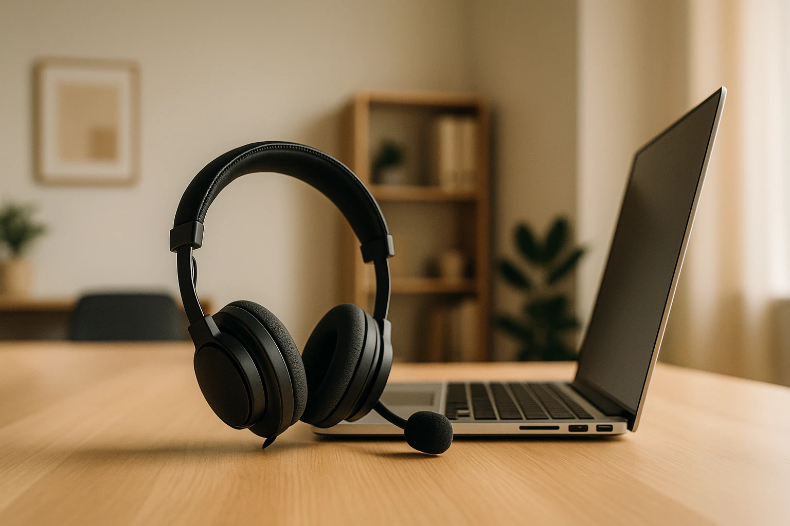 Egy fekete fejhallgató mikrofonos állvánnyal, egy laptop mellett, világos irodai környezetben.