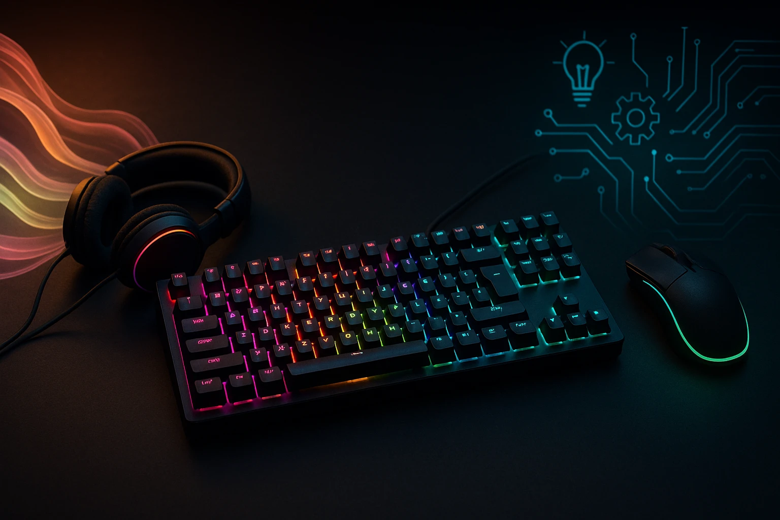 RGB világítással rendelkező mechanikus billentyűzet, fejhallgató és egér egy sötét háttéren.