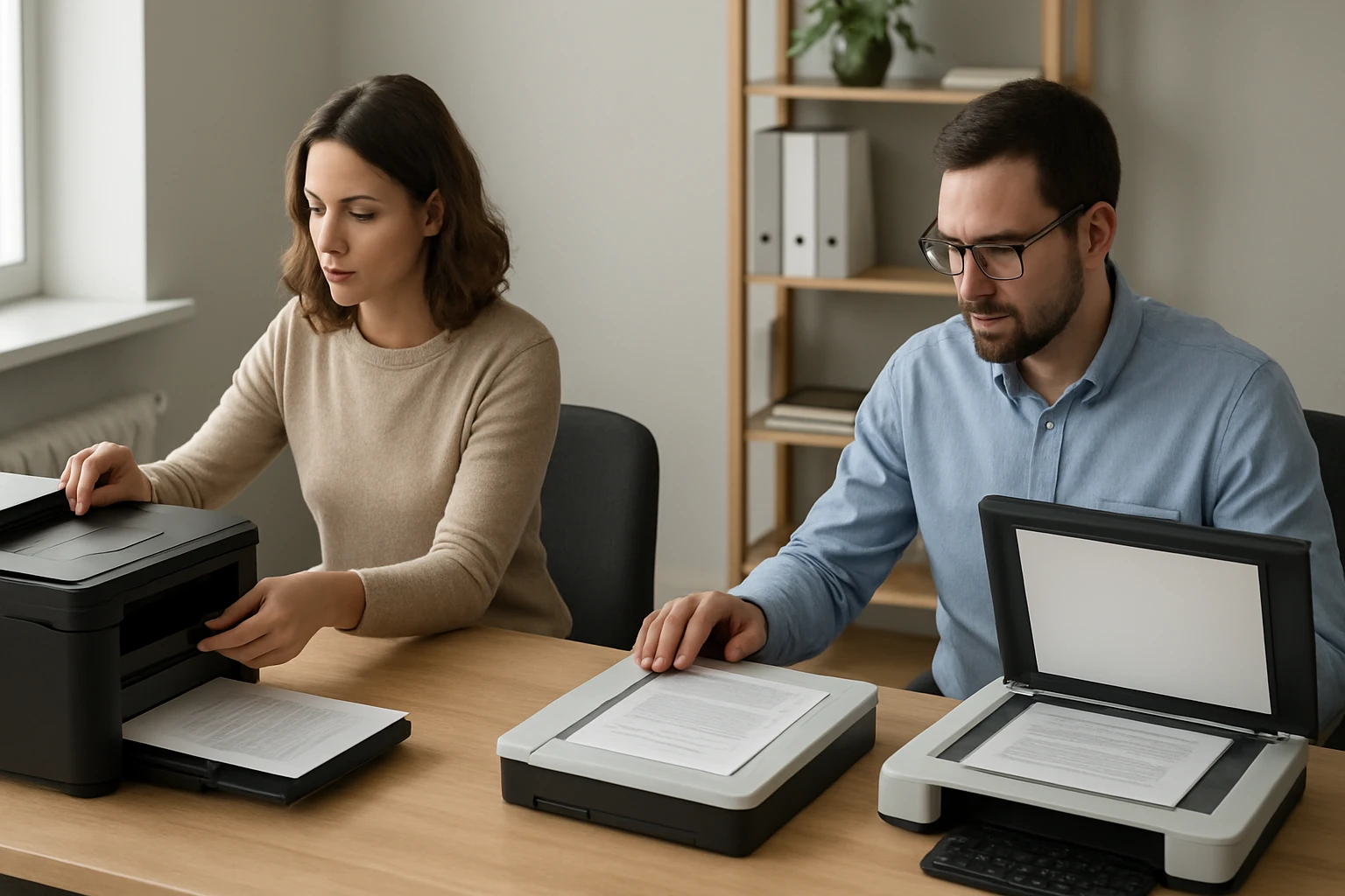 Egy nő és egy férfi egy irodában nyomtatókat használnak dokumentumok kezelésére.