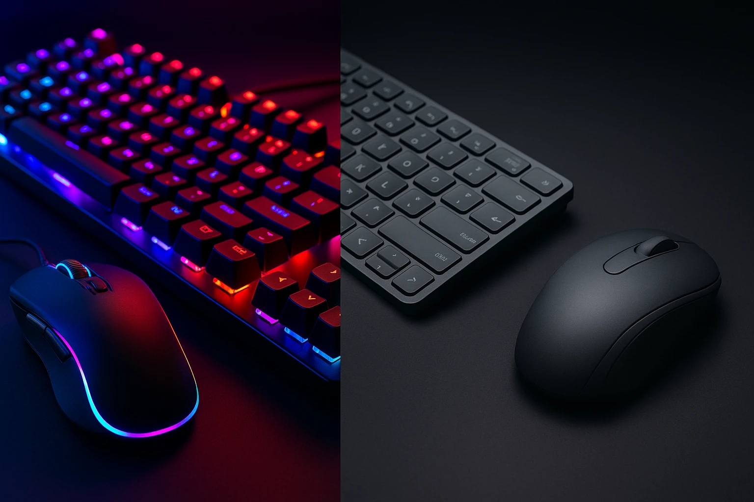 Egy RGB háttérvilágítású mechanikus billentyűzet és egy fekete egér.