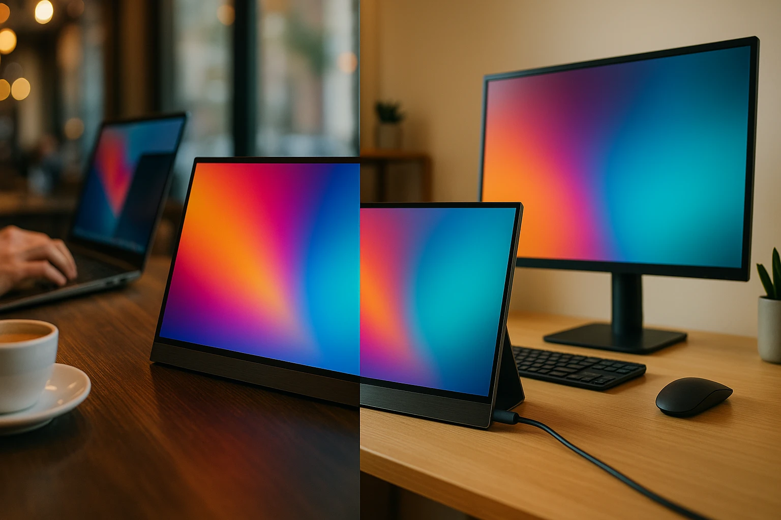 Két számítógép monitor, egy hordozható és egy asztali, élénk színű képernyőkkel.