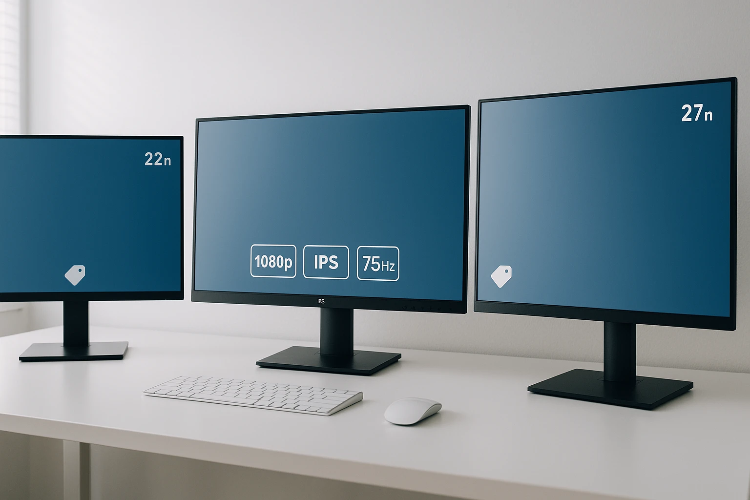 Három monitor egy íróasztalon, különböző méretekkel és felbontásokkal.