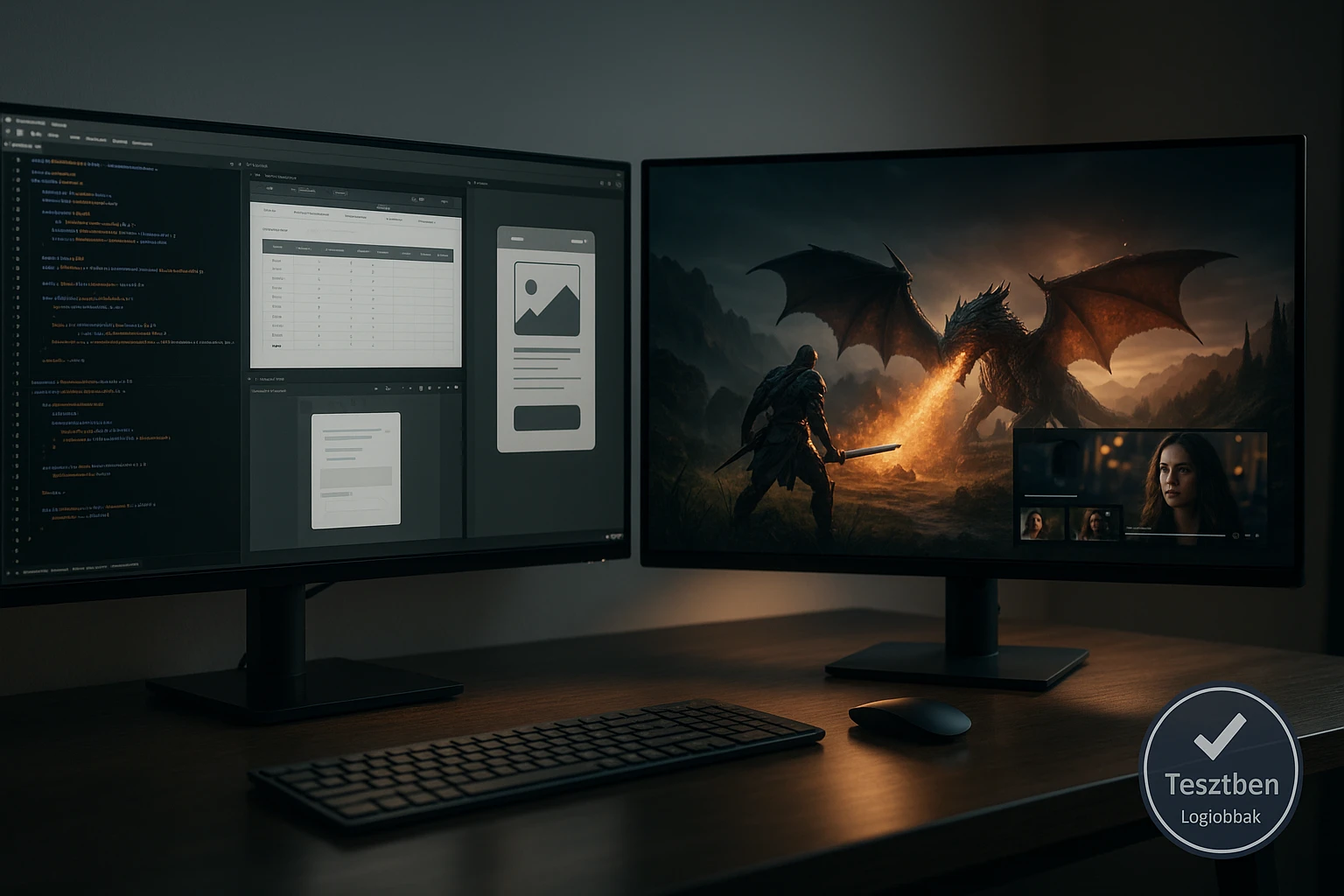 Két monitor, az egyik programozási kódot, a másik játék jelenetet mutat.