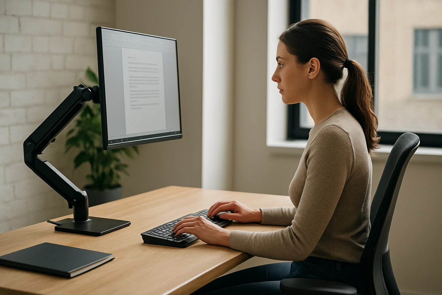 Egy nő számítógép előtt ül, gépel egy íróasztalon, háttérben növény.