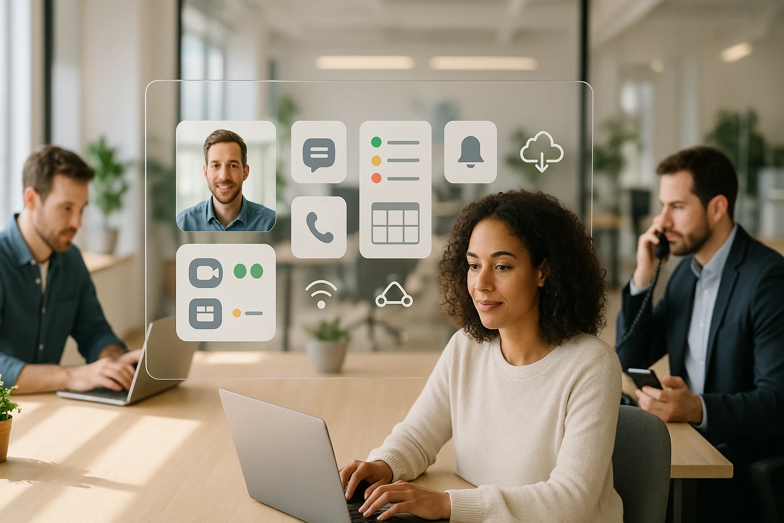 Egy nő laptopon dolgozik, körülötte technológiai ikonok és kollégák.