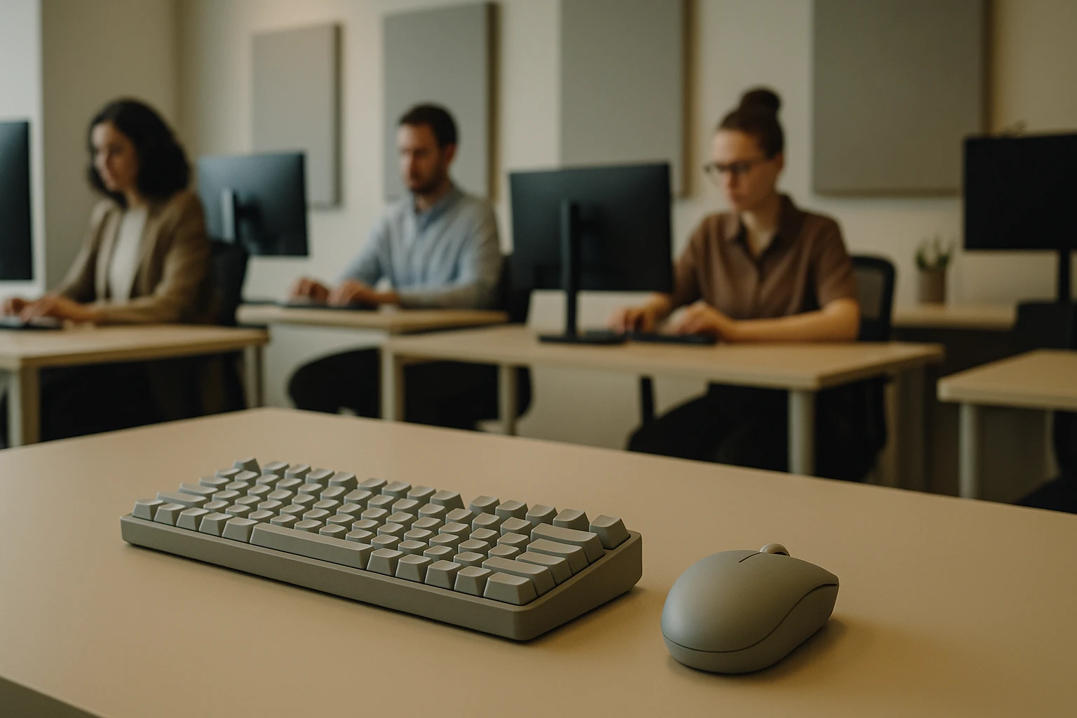Egy modern számítógép billentyűzet és egér látható, háttérben dolgozó emberekkel.