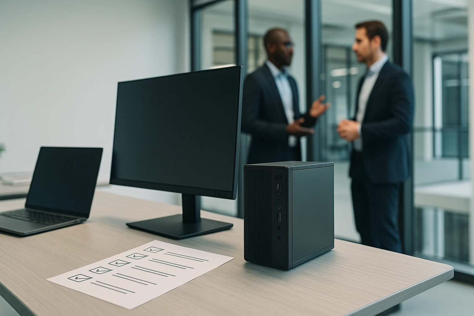 Egy modern munkahelyi környezet, ahol két üzletember beszélget egy asztalnál.