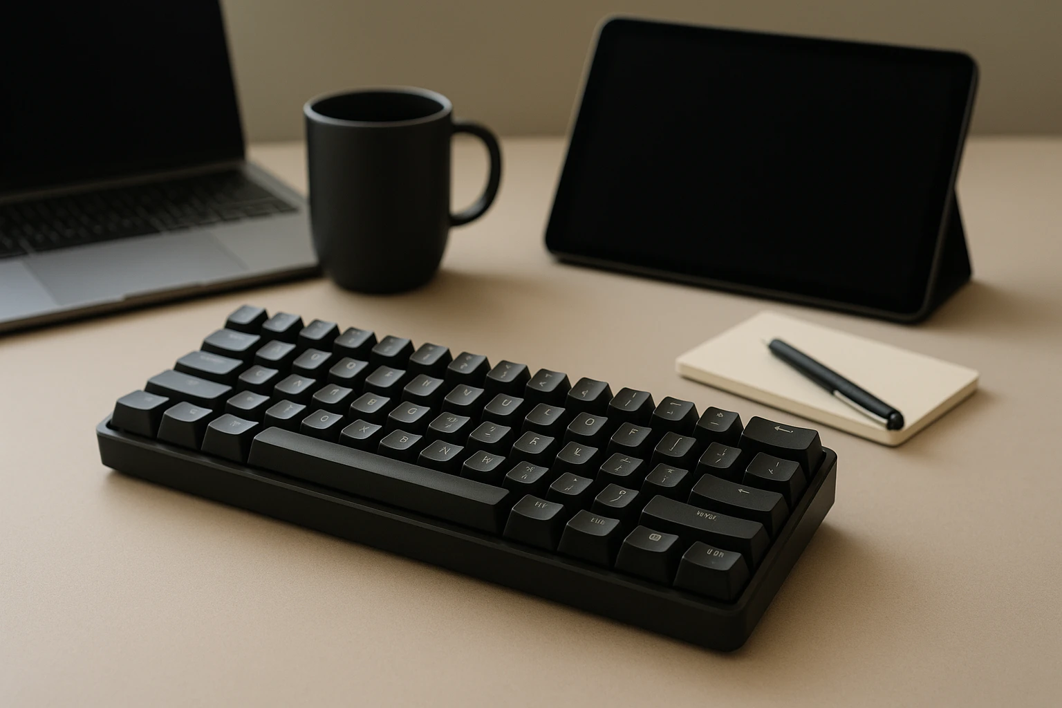 Egy fekete mechanikus billentyűzet, laptop, bögre és tablet mellett.