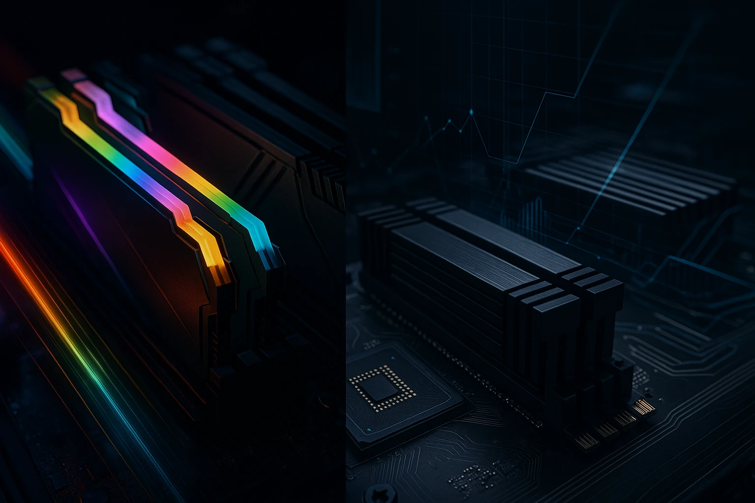 Színes RGB memória modulok és fekete hűtőbordák egy alaplapon.