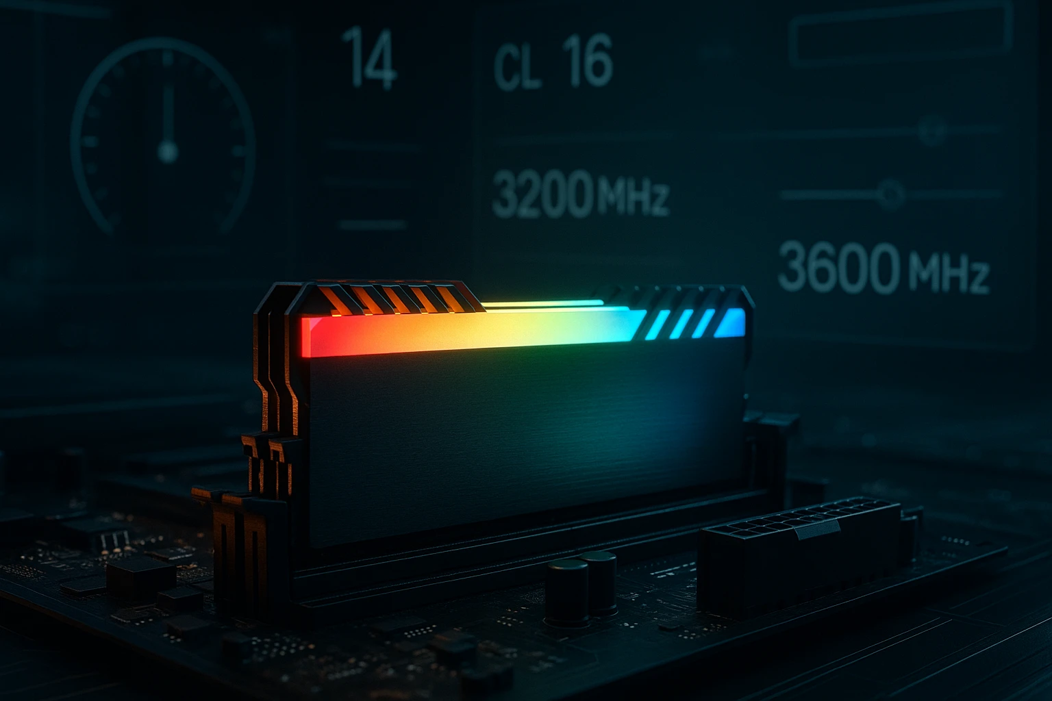 Egy RGB világítással rendelkező RAM modul látható, háttérben számítógép alkatrészekkel.