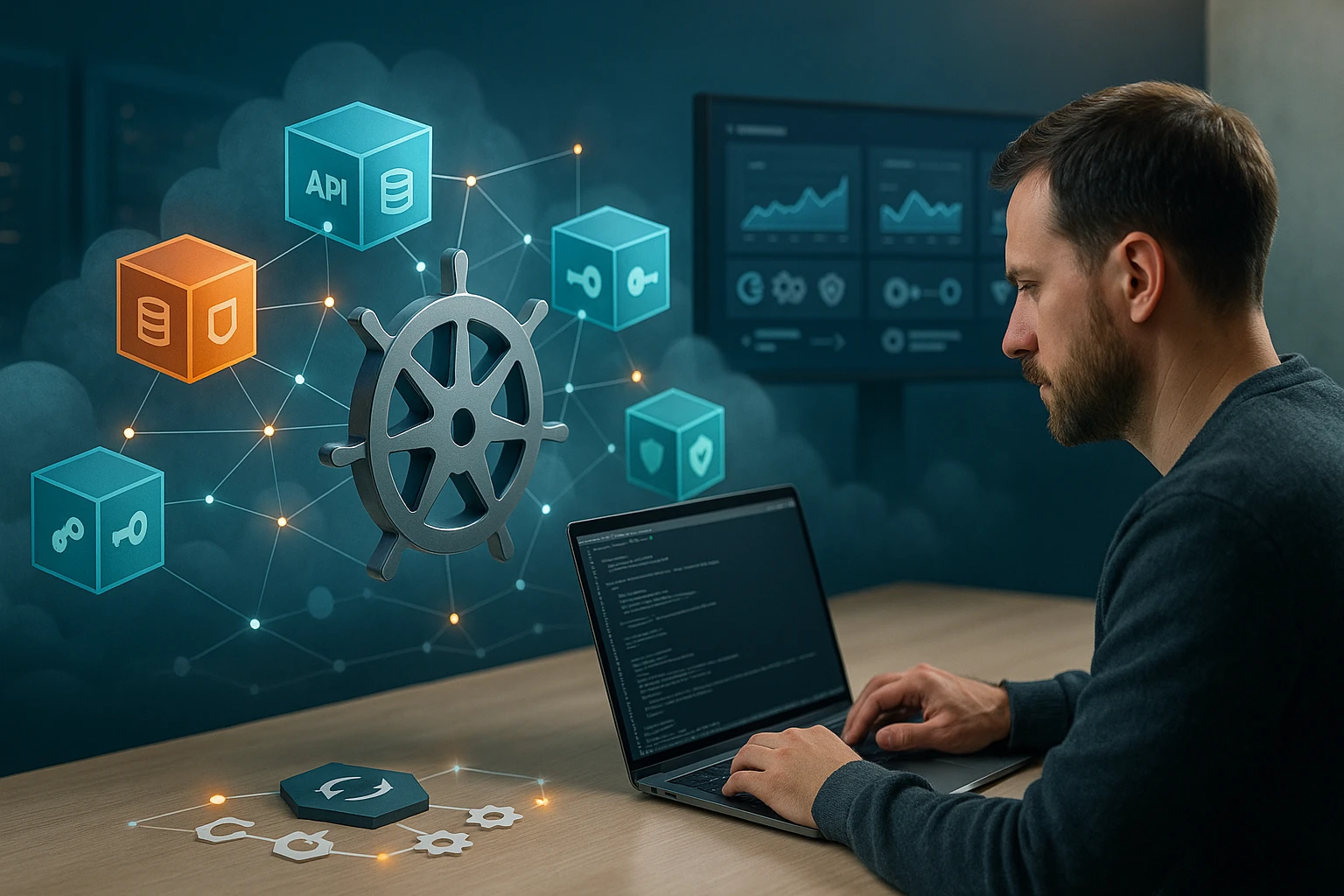 Egy férfi laptopon dolgozik, körülötte technológiai ikonok és egy kormánykerék.