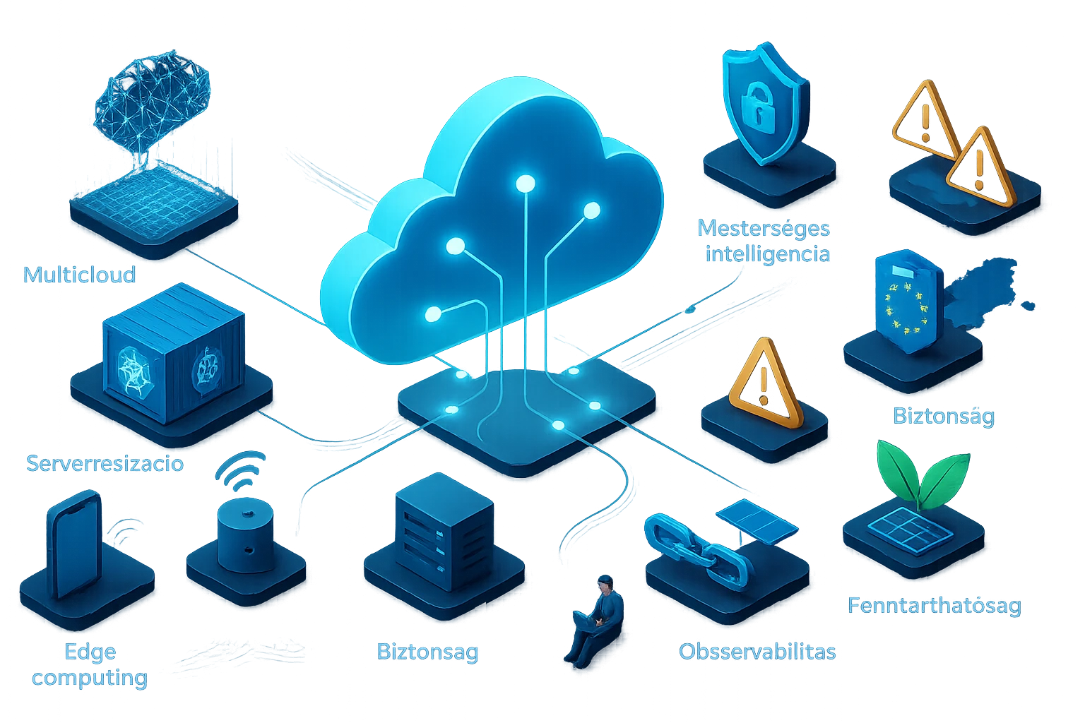 Különböző technológiai ikonok, mint a felhő, mesterséges intelligencia és biztonság.