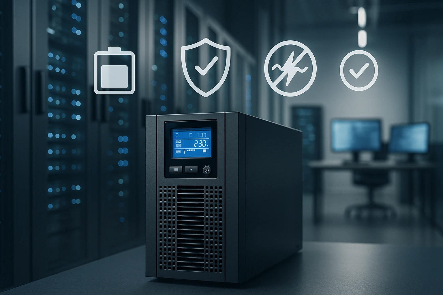 Egy modern UPS rendszer, kijelzővel és biztonsági ikonokkal, adatközpontban.