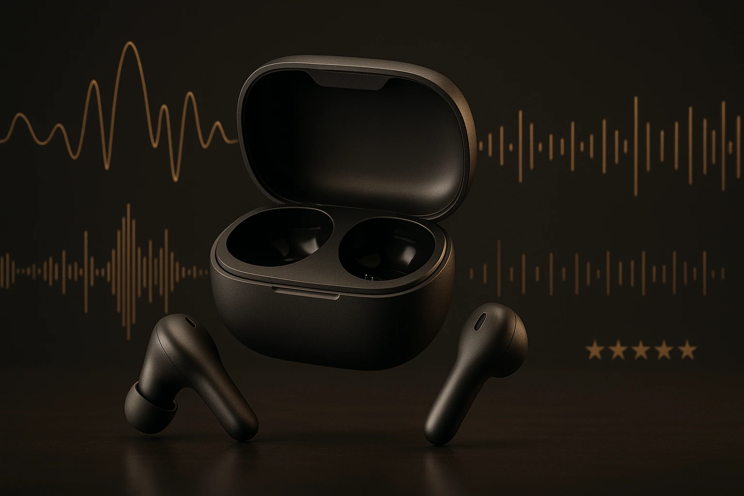 Fekete vezeték nélküli fülhallgató töltőtokkal, zenei hullámok háttérben.