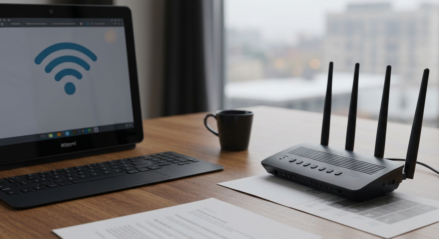 Egy laptop és egy router látható egy asztalon, Wi-Fi jel ikon a képernyőn.