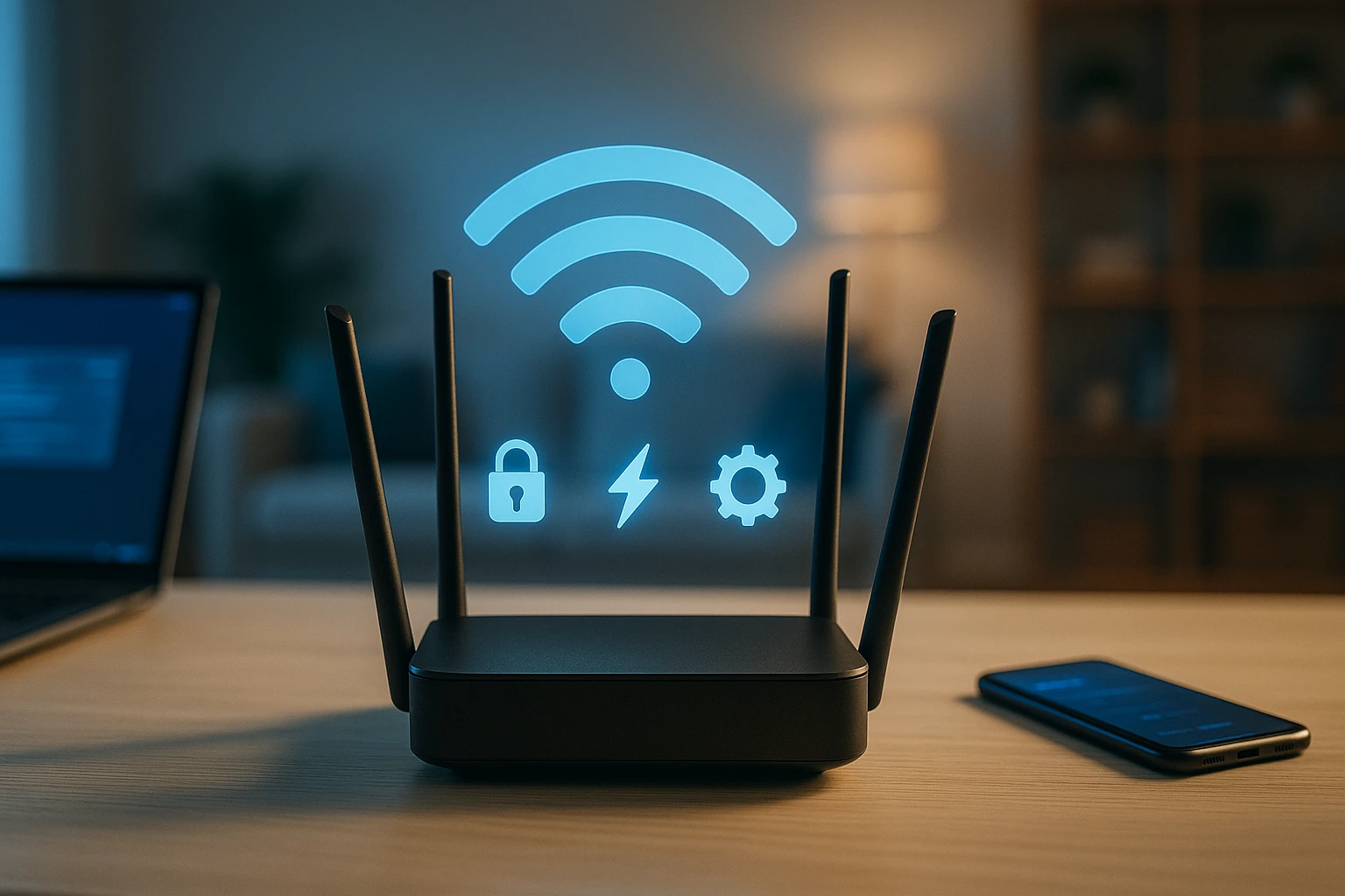 Fekete Wi-Fi router, mellette laptop és okostelefon, lebegő ikonokkal.