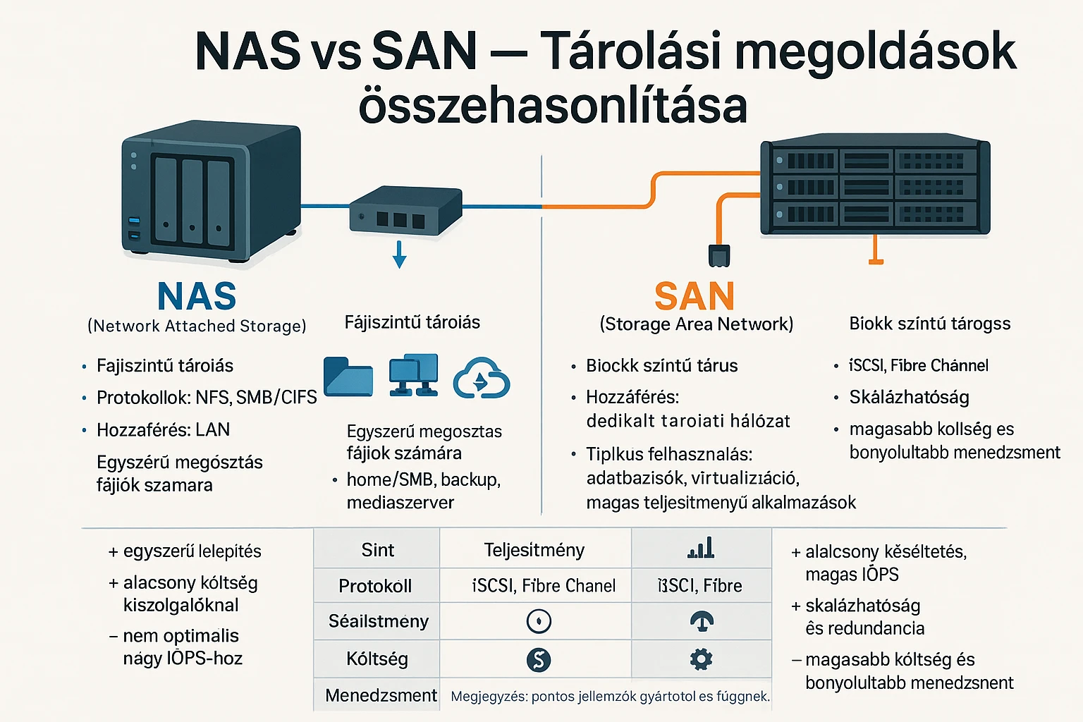 A NAS és SAN tárolási megoldások összehasonlítása grafikus formában.