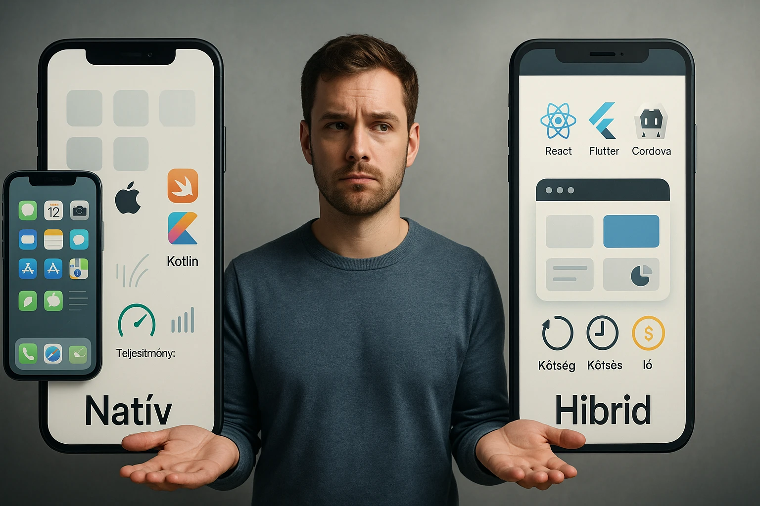 Egy férfi a natív és hibrid mobilalkalmazások közötti választásról gondolkodik.