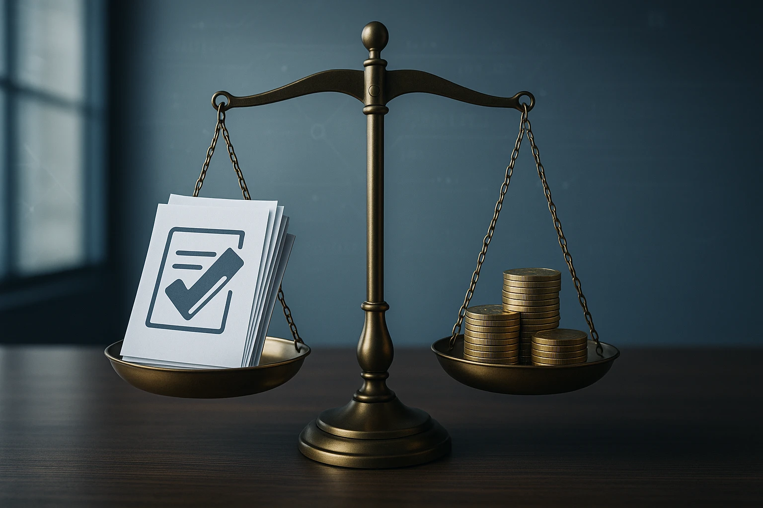 Egy mérleg, egyik oldalán papírok, másikon érmék láthatók, a pénzügyi egyensúlyt szimbolizálva.