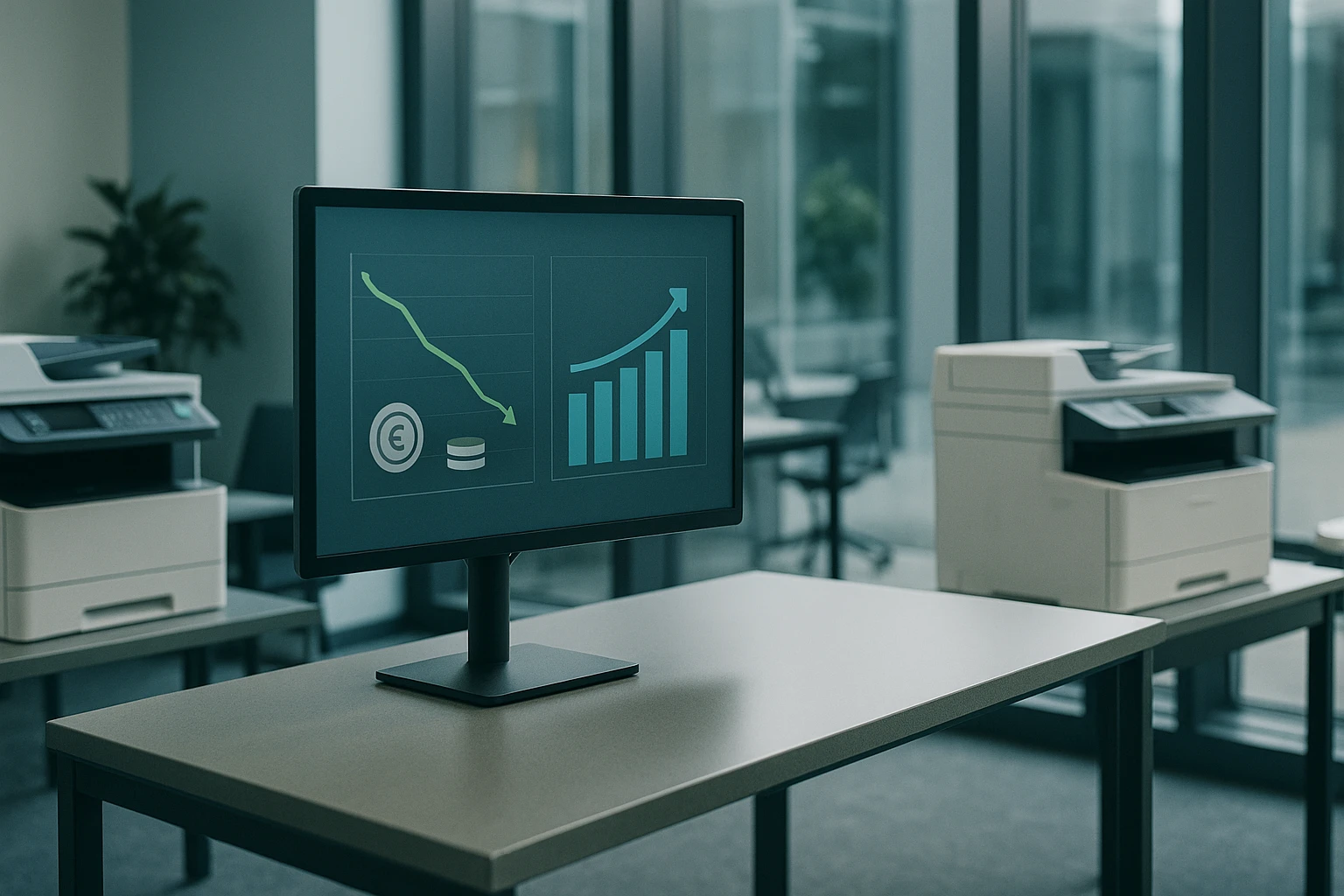 Egy számítógép monitorja mutat pénzügyi grafikonokat, csökkenő és növekvő trendekkel.