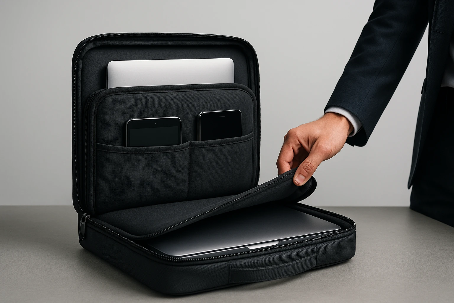 Egy férfi laptop táskáját nyitja ki, benne laptop és mobiltelefonok.