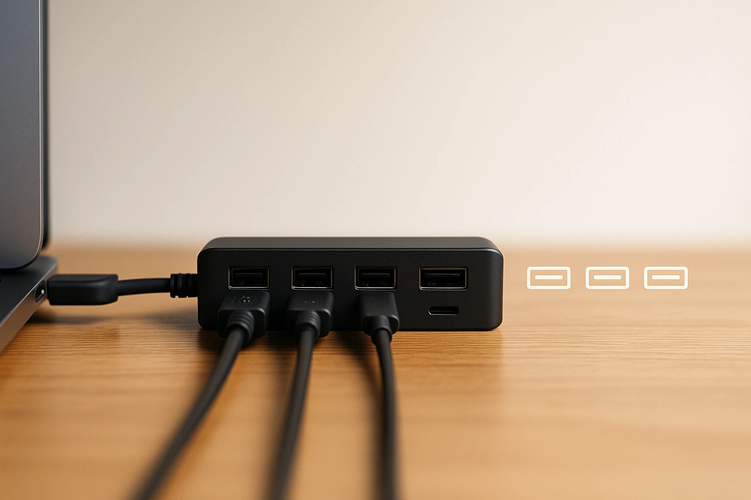 USB hub fekete színben, három porttal, laptophoz csatlakoztatva.