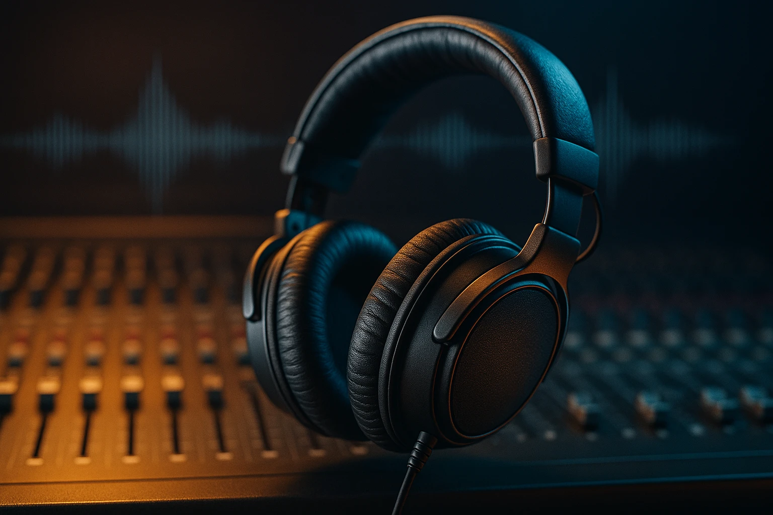 Fekete fejhallgató egy stúdiópult mellett, háttérben hanghullámokkal.