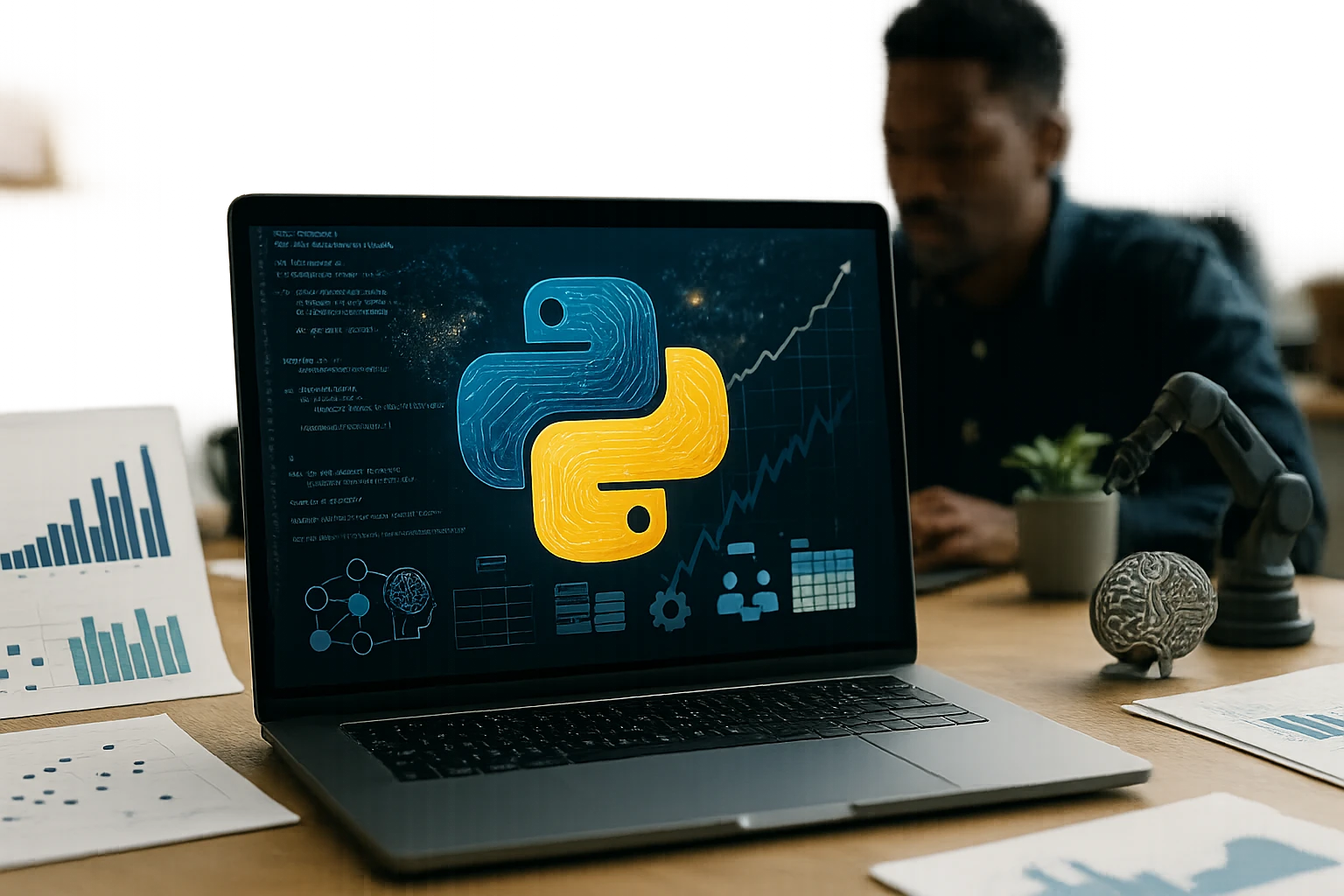 Egy laptop képernyőjén a Python programozási nyelv logója látható, háttérben adatelemzési grafikonokkal.