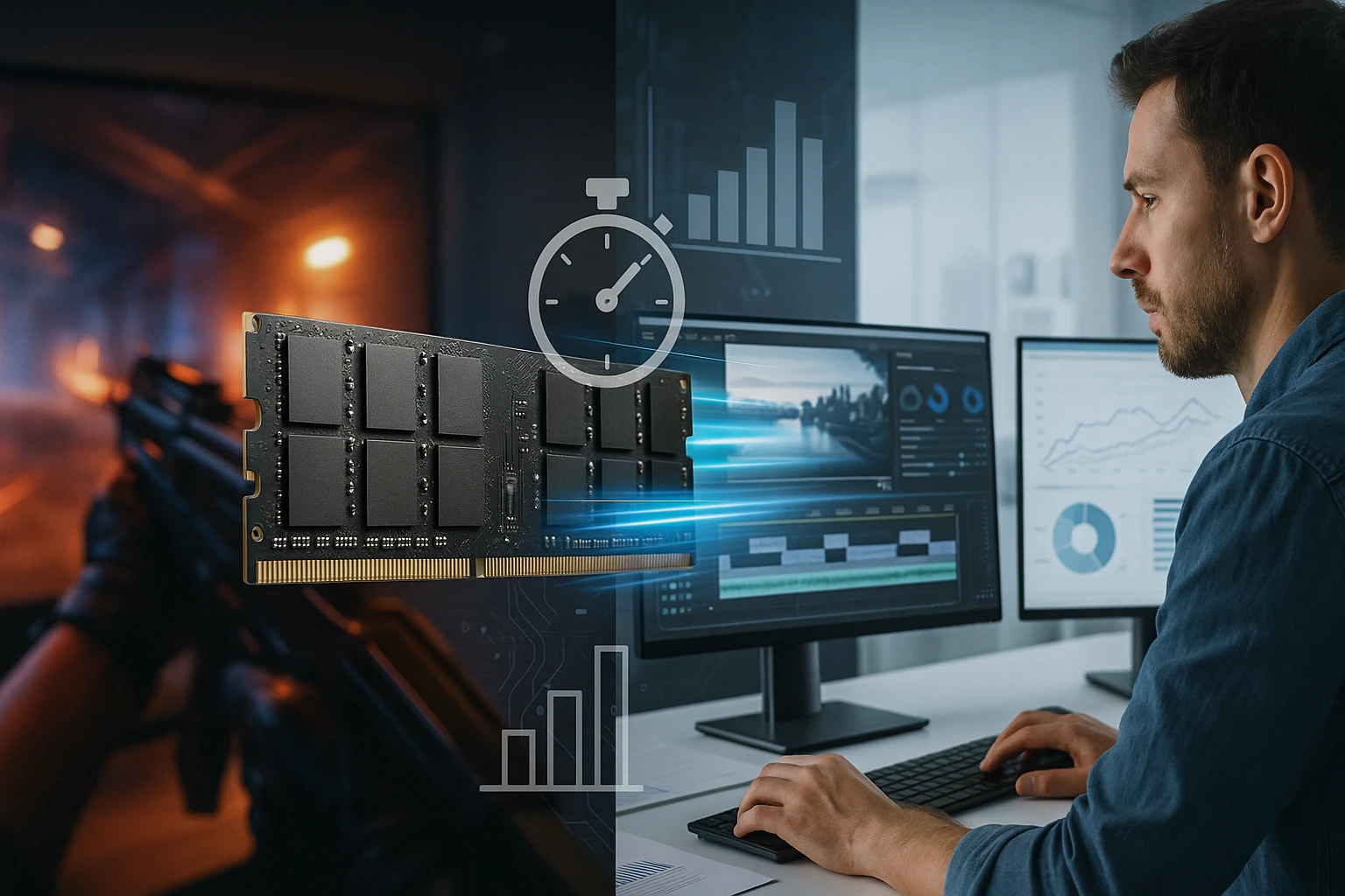 Egy férfi számítógép előtt ül, RAM modul látható, háttérben grafikonok.