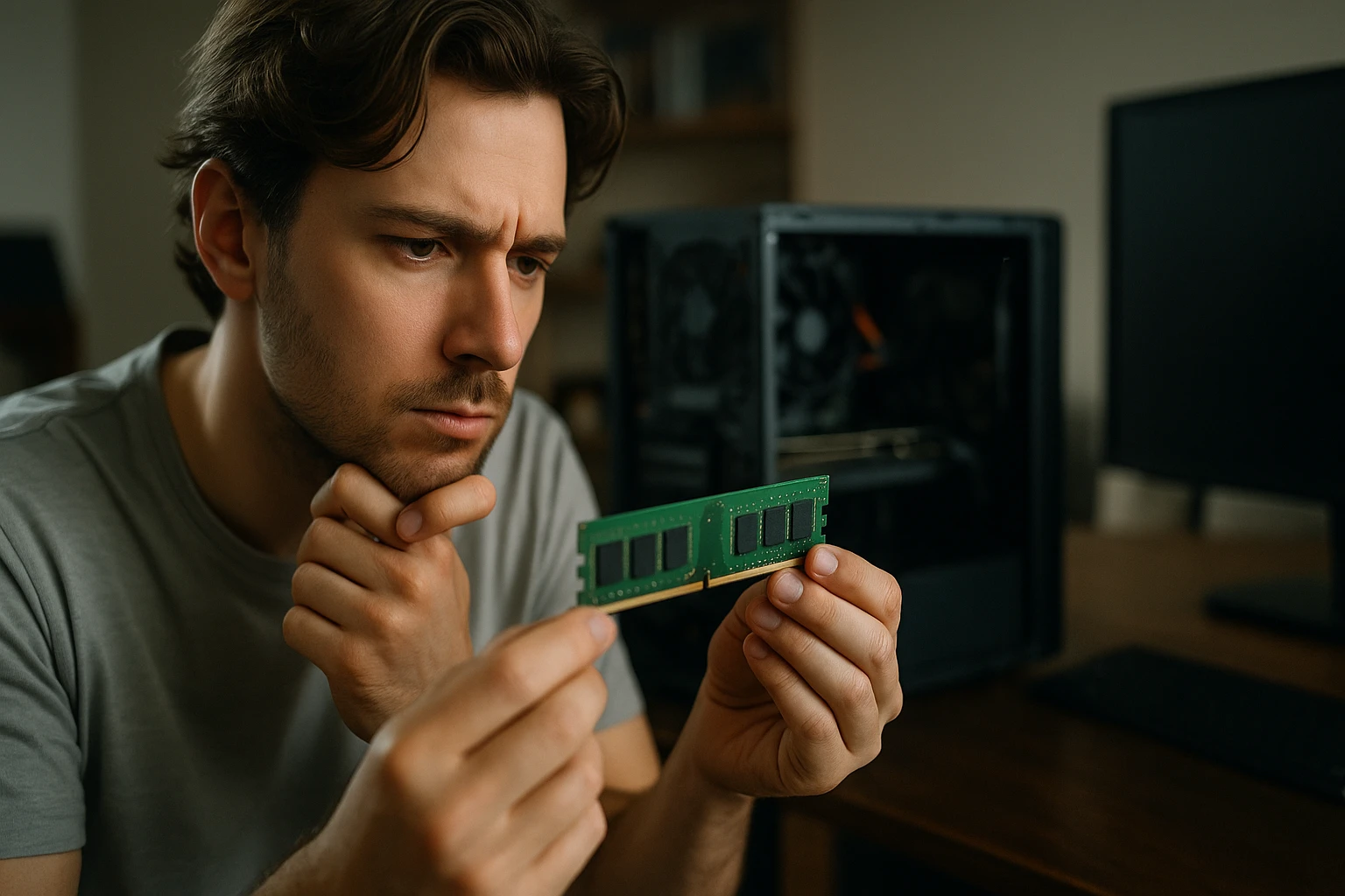 Egy fiatal férfi RAM modult vizsgál a számítógép előtt, koncentrált arckifejezéssel.