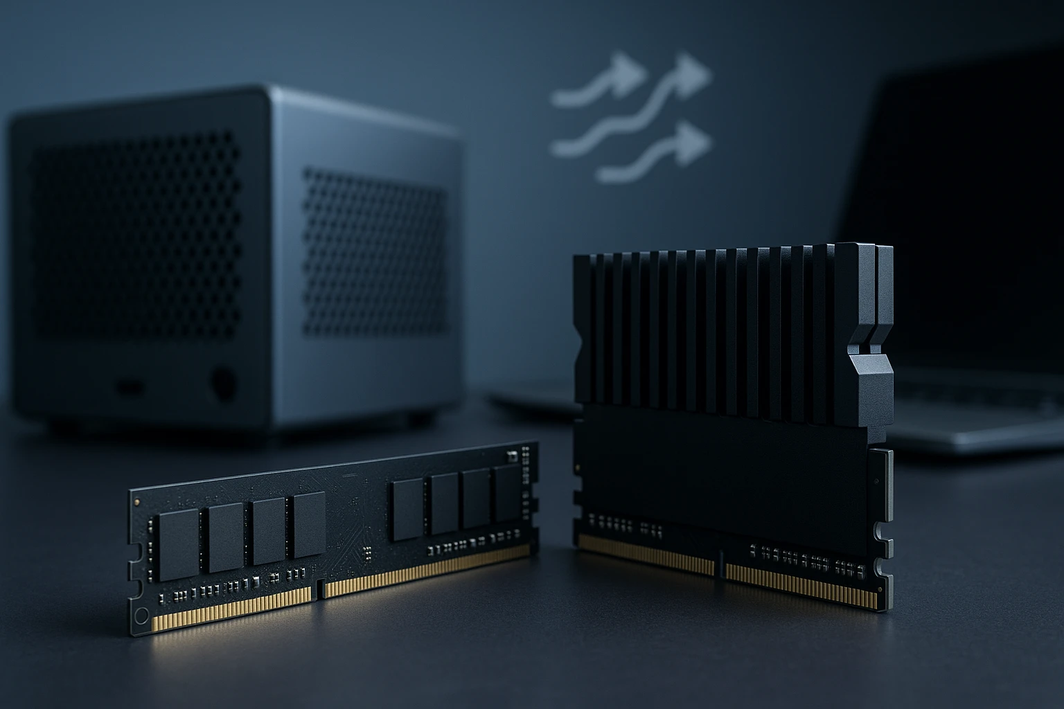 Két különböző RAM modul, egy hűtőbordával ellátott és egy sima, sötét háttér előtt.