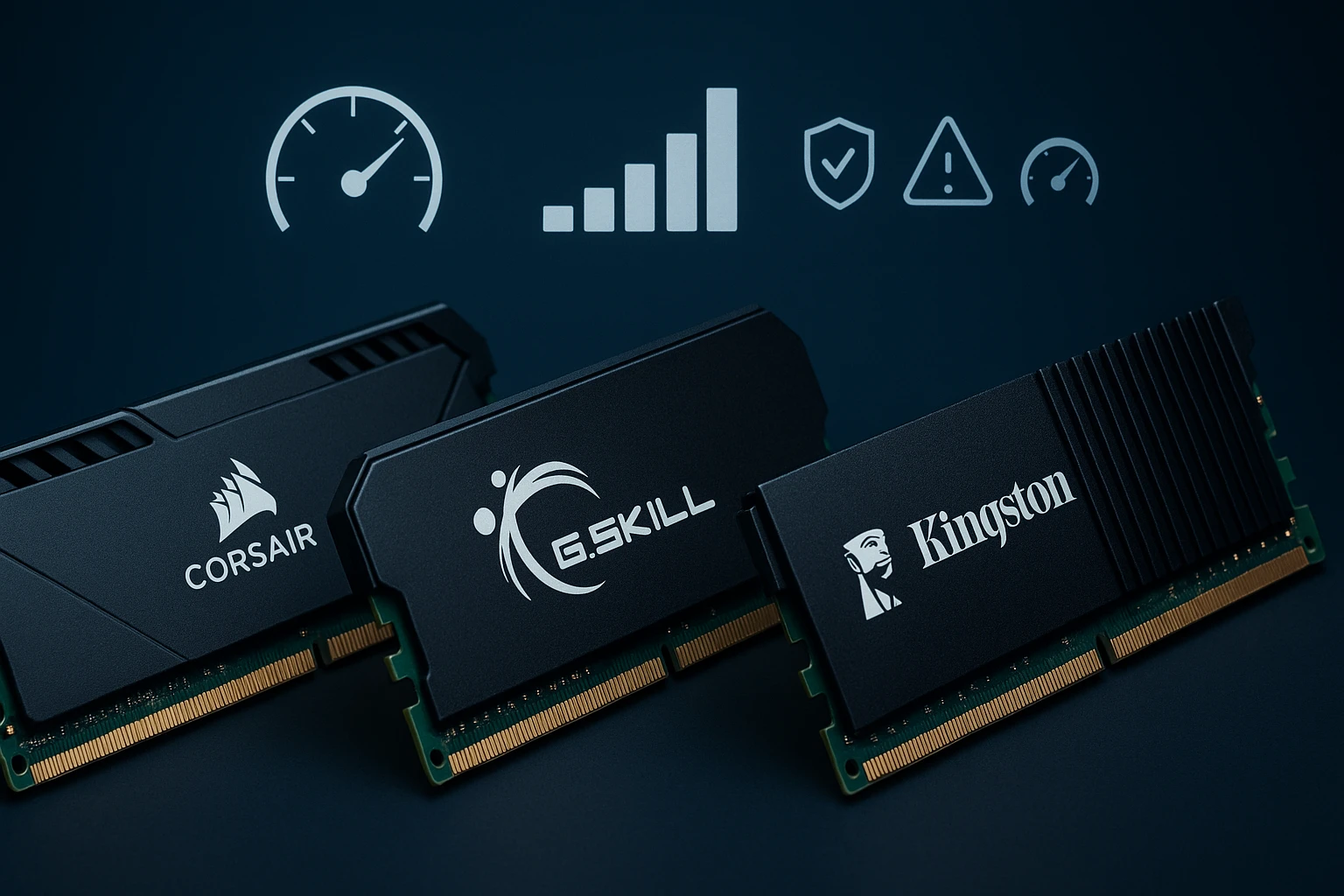Három különböző RAM modul, Corsair, G.Skill és Kingston logókkal, sötét háttéren.