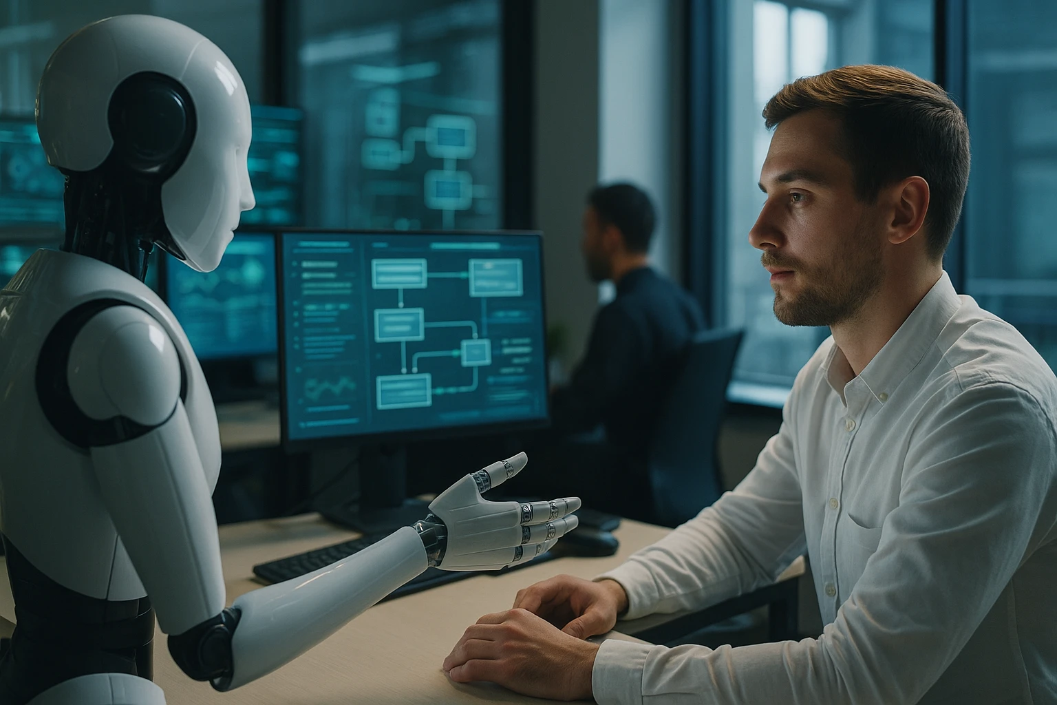 Egy robot és egy férfi ülnek egy számítógép előtt, beszélgetnek.