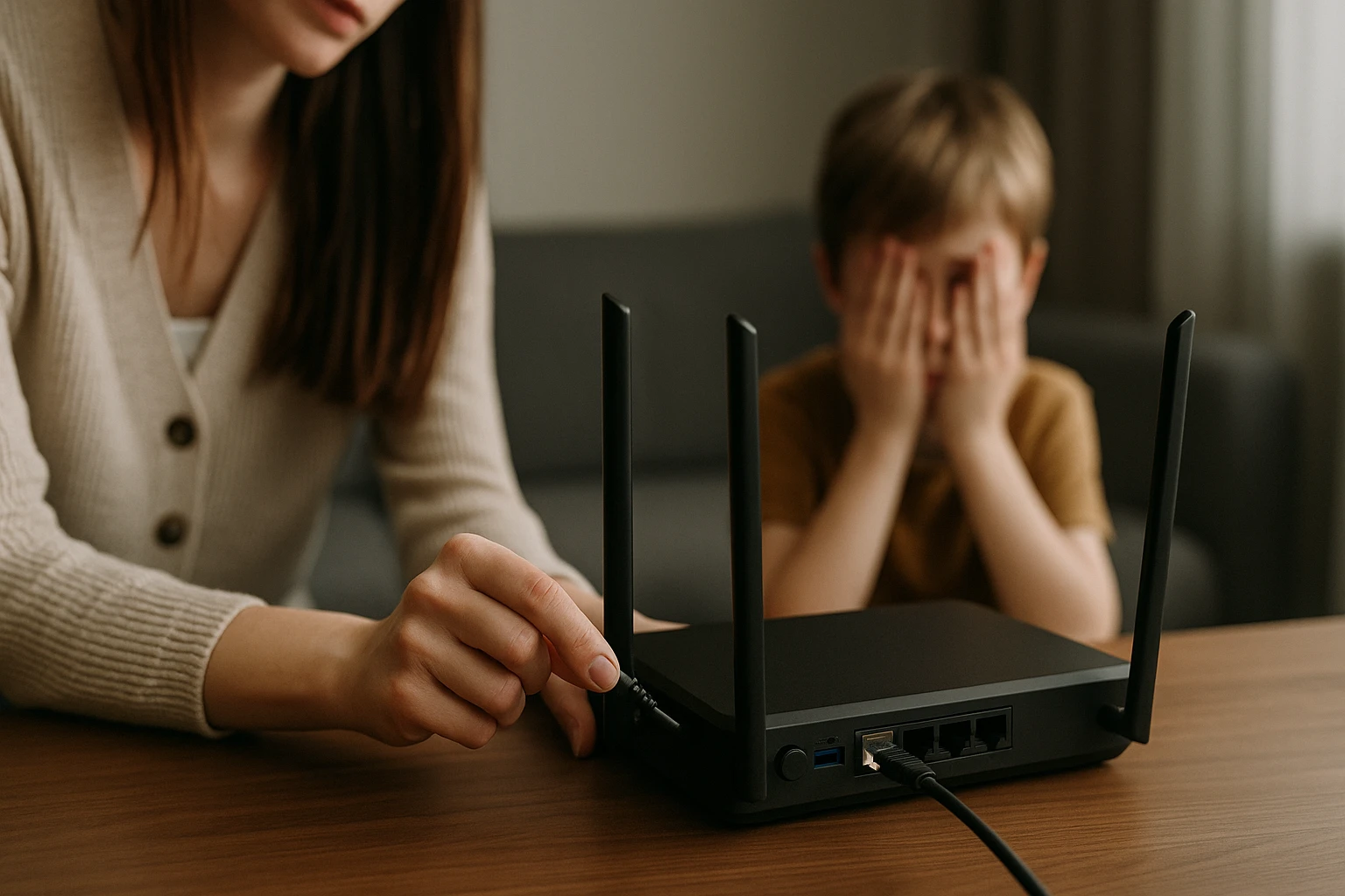 Egy nő éppen egy routert állít be, míg egy fiú a háttérben eltakarja az arcát.