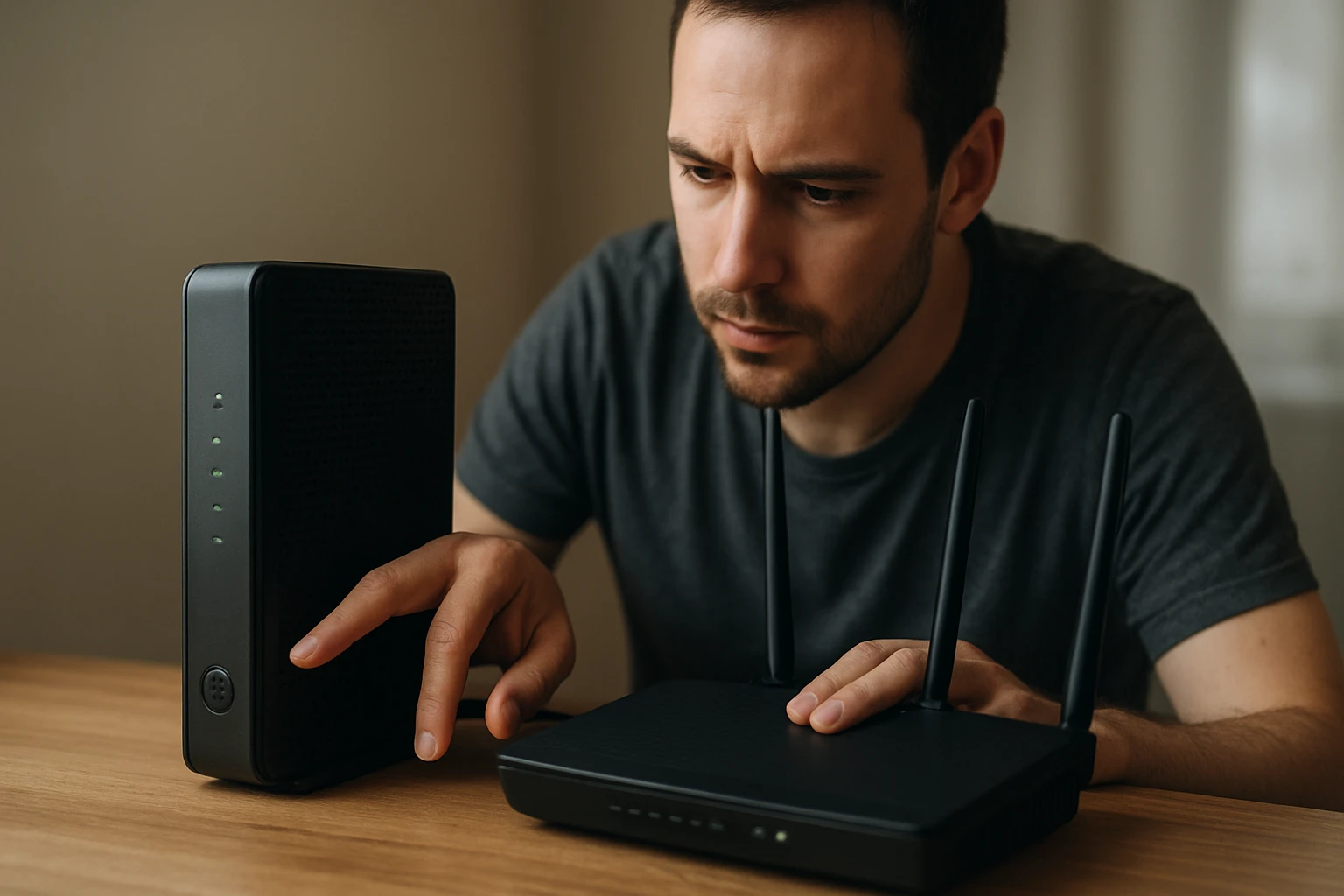 Egy férfi figyelmesen nézi a routert és a modemet, miközben beállítja azokat.