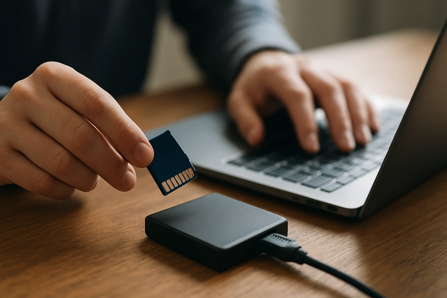 Egy kéz SD kártyát tart, miközben egy laptop billentyűzetén gépel.