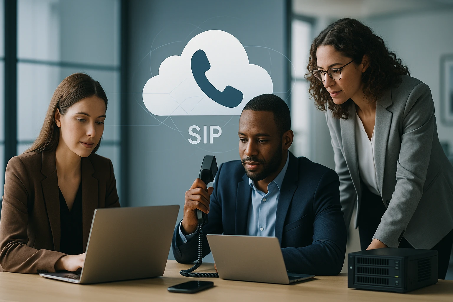 Egy férfi telefonál, miközben két nő laptopon dolgozik egy modern irodában.