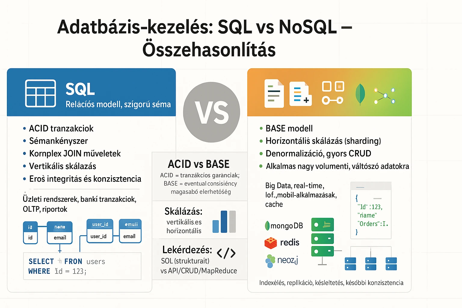 SQL és NoSQL adatbázisok összehasonlítása, kiemelve a főbb jellemzőiket.