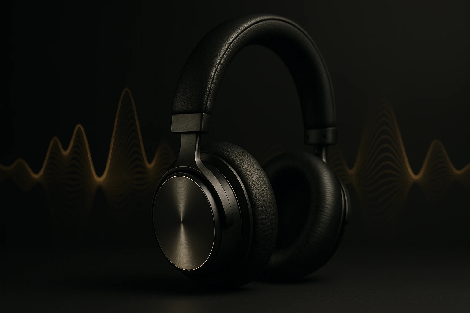 Fekete, modern fejhallgató, háttérben hanghullámokkal.
